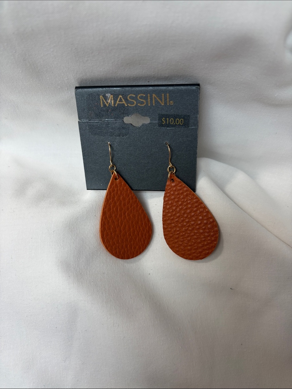 Massini Orange-Brown Teardrop Leather Earrings with Gold Hooks